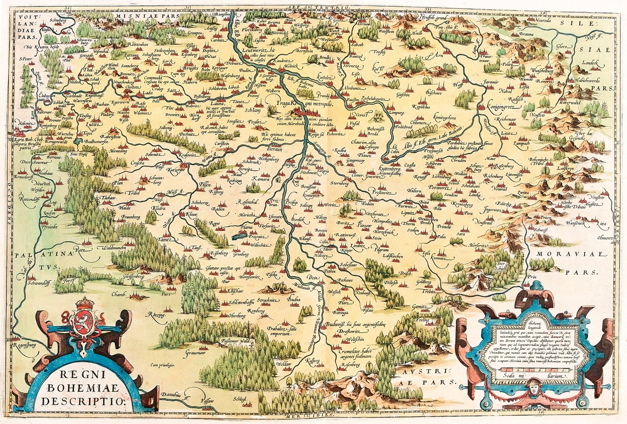 Opis Królestwa Czech Mapa geograficzna terytorium Bohemy z „Theatrum Orbis Terrarum” autorstwa Abrahama Orteliusa (Oertel, Ortell lub Ortel autorstwa Abraham Ortelius