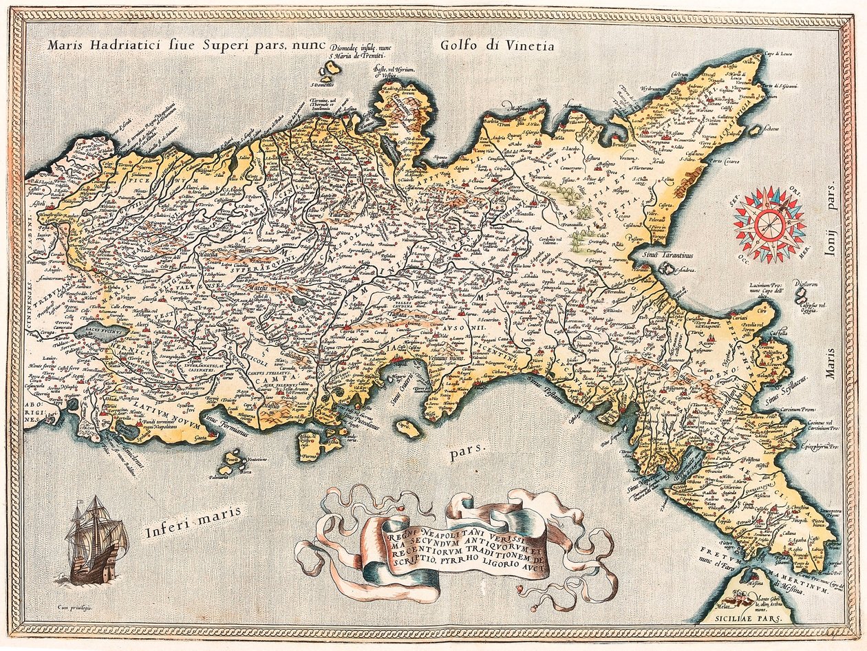 Najdokładniejszy opis panowania neapolitańczyków, zgodnie z tradycją starożytnych i nowożytnych, podał Pyrrhus Ligorius auct. Mapa geograficzna terytorium Królestwa Neapolu we Włoszech z „Theatrum Orbis Terrarum” Abrahama Orteliusa (Oertel, Ortell lub Orte autorstwa Abraham Ortelius