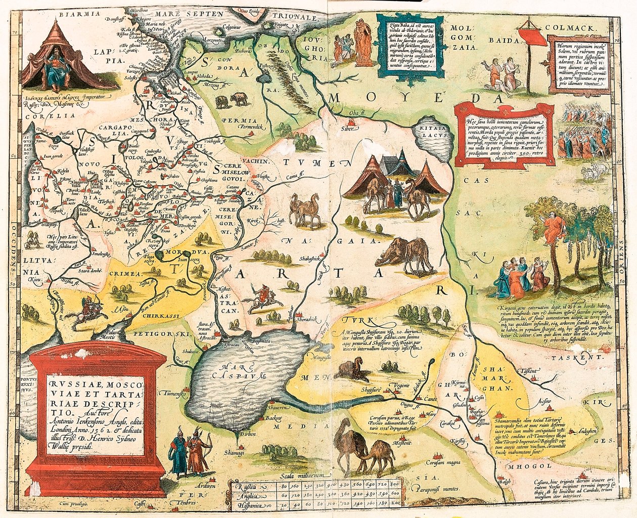 Rosja, Moskwa i Tatar. Antonio Jenkensono Anglo, wydanej w Londynie w 1562 r. Mapa geograficzna terytorium Rosji z „Theatrum Orbis Terrarum” Abrahama Orteliusa (Oertel, Ortell lub Ortel autorstwa Abraham Ortelius