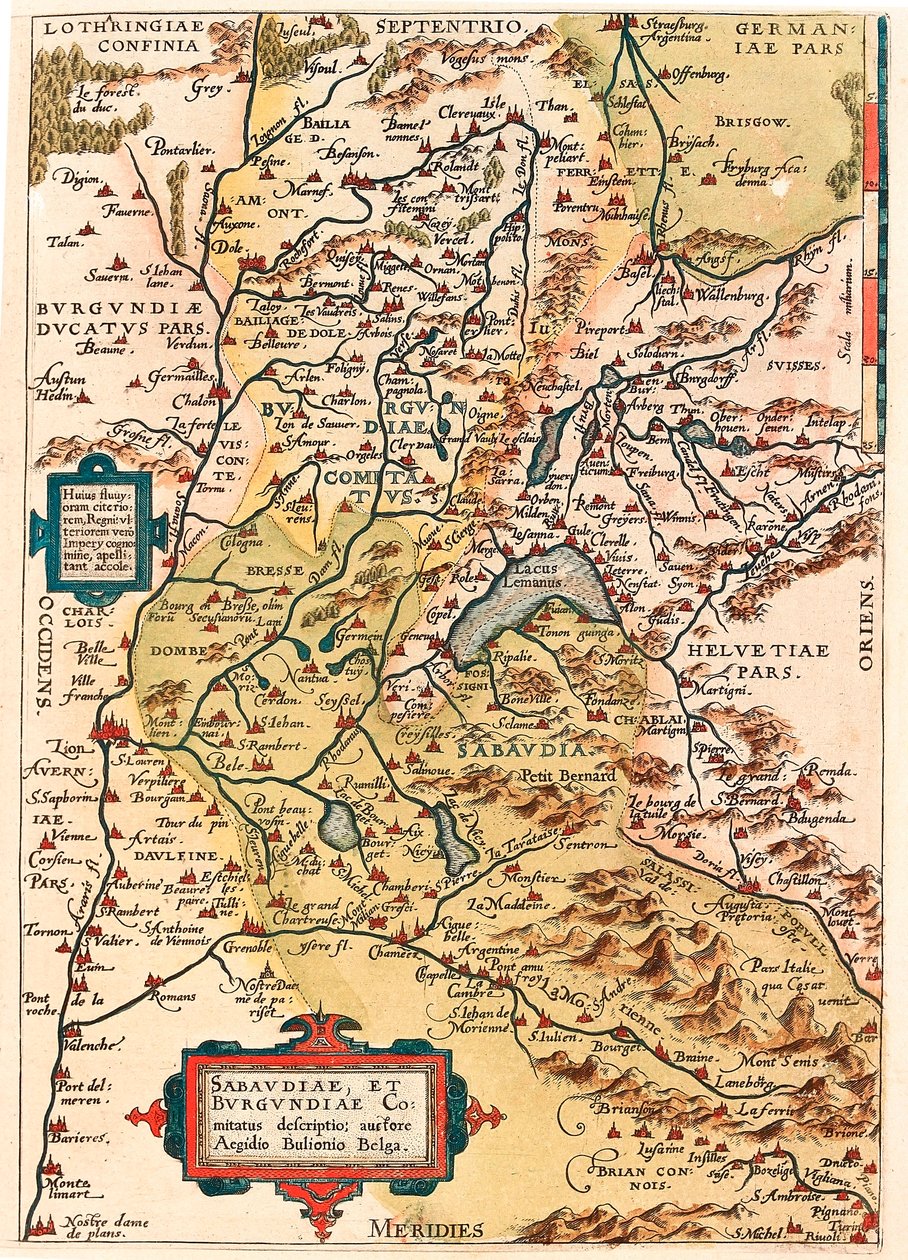 Sabaudia et Burgundiae Comitus opis Mapa terytorium Burgundii i Sabaudii (Pontarlier, Dijon, Jezioro Leman, Szwajcaria) z "Theatrum Orbis Terrarum" Abrahama Orteliusa (Oertel, Ortell lub Ortel). autorstwa Abraham Ortelius
