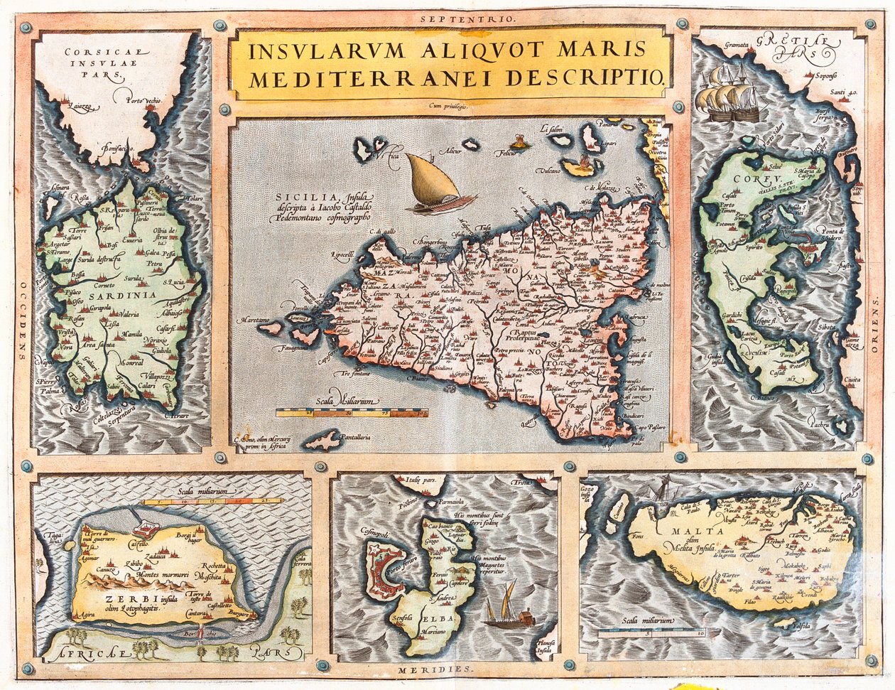 Sardynia, Sycylia, Korfu, Djerba, Elba, Malta, Włochy, Grecja, Tunezja, Malta autorstwa Abraham Ortelius
