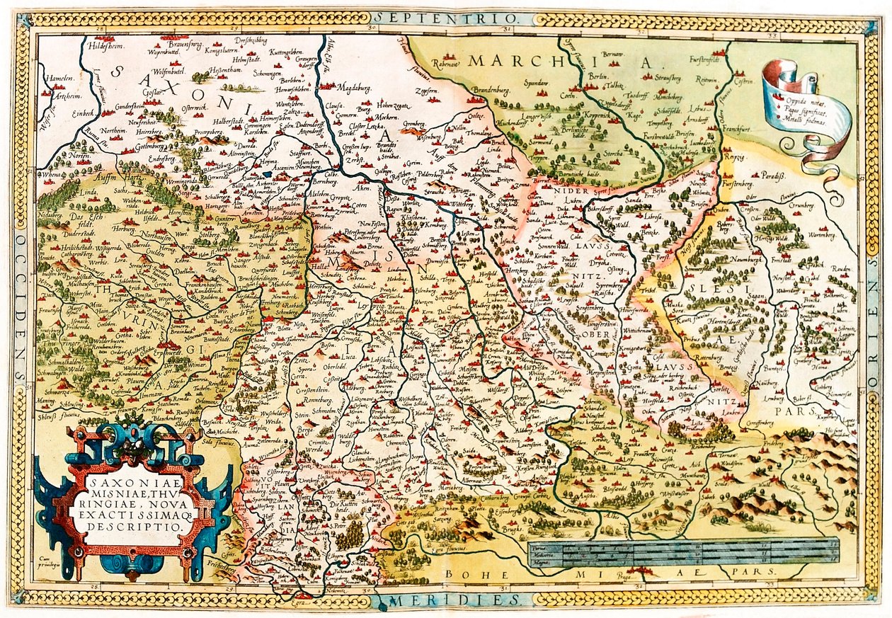 Mapa terytorium Saksonii, Turyngii w Niemczech z „Theatrum Orbis Terrarum” Abrahama Orteliusa (Oertel, Ortell lub Ortel autorstwa Abraham Ortelius