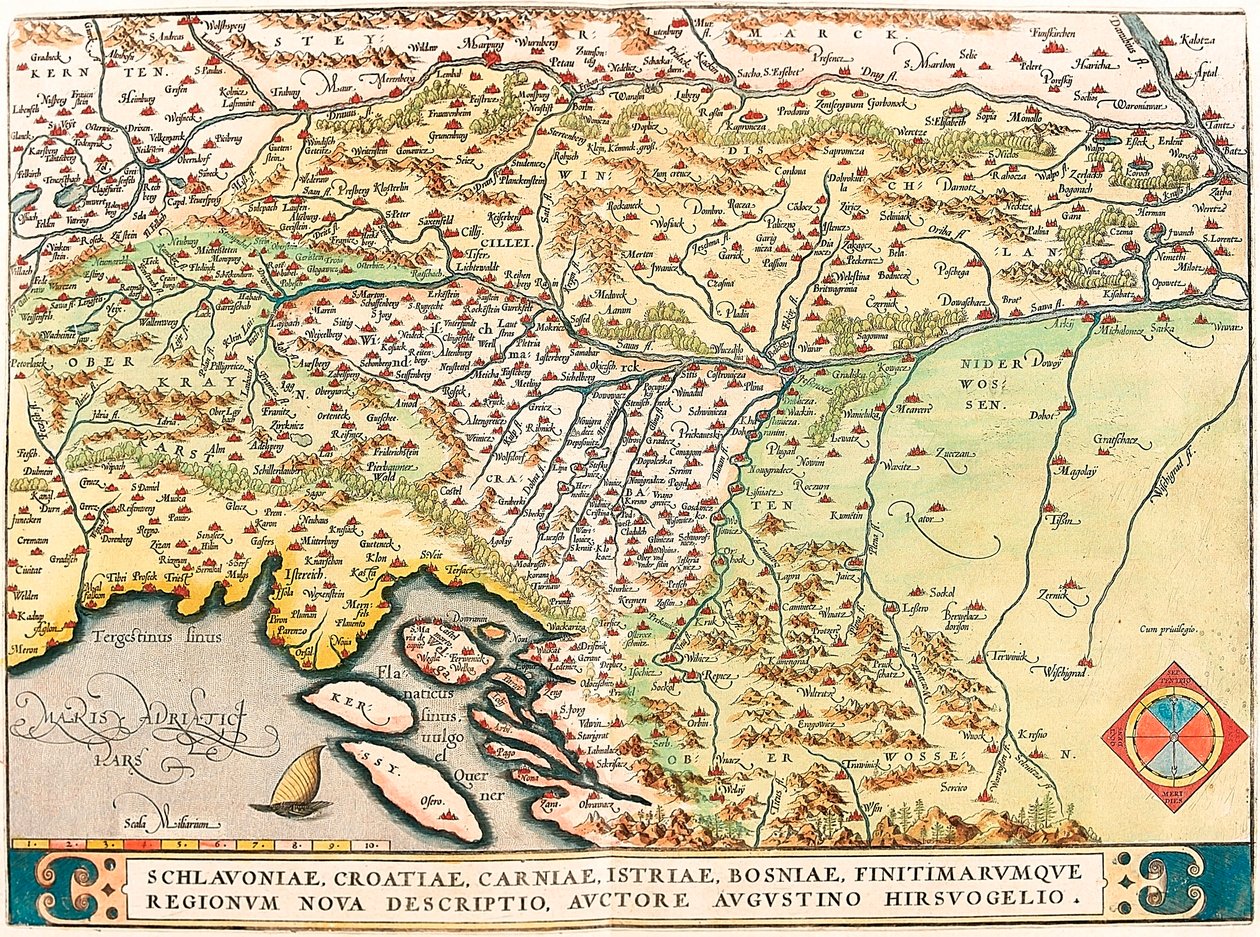 Schlavoniae, Chorwacja, Carniae, Istria, Bośnia, Bordereum Regionum Nova Opis, Autor Augustino Hirsuogelio Mapa geograficzna terytoriów Slawonii, Chorwacji, Bośni i Dalmacji z „Theatrum Orbis Terrarum” autorstwa Abrahama Orteliusa autorstwa Abraham Ortelius