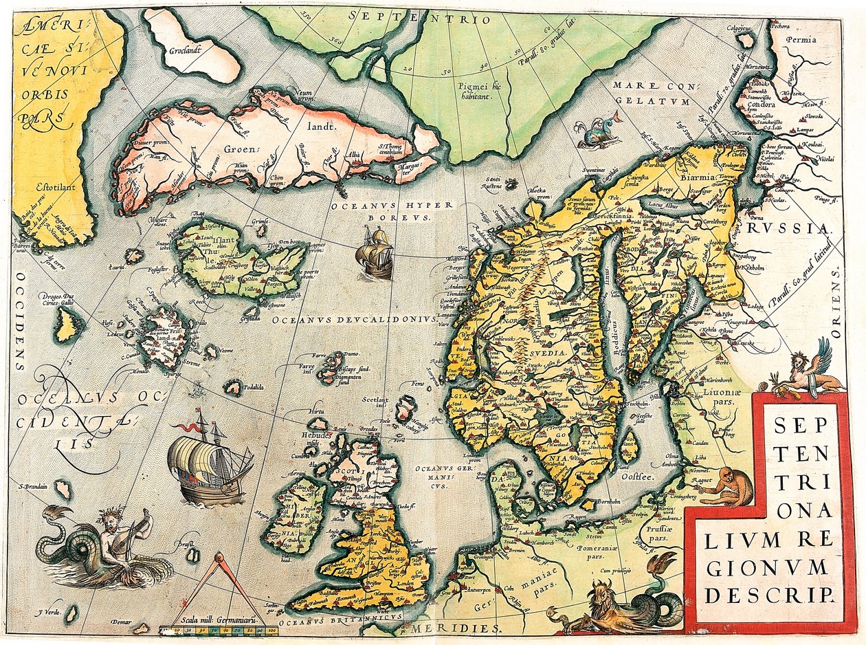 Opis. Mapa geograficzna Skandynawii i Europy Północnej z „Theatrum Orbis Terrarum” Abrahama Orteliusa (Oertel, Ortell lub Ortel autorstwa Abraham Ortelius