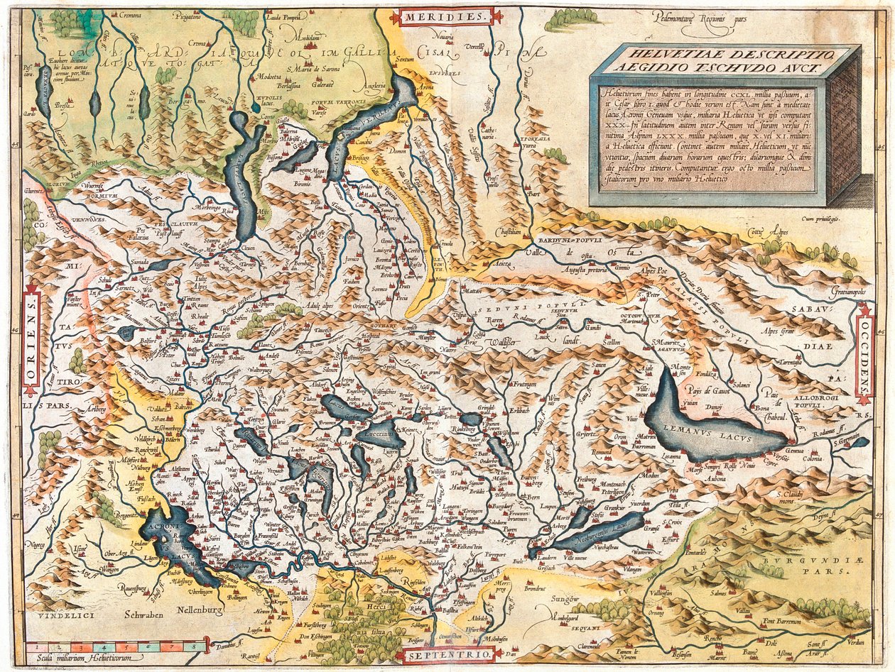 Szwajcaria, Niemcy (kraj związkowy: Badenia-Wirtembergia, Bawaria), Austria (kraj związkowy: Voralberg), Liechtenstein, Włochy (region: Trydent-Górna Adyga, Lombardia, Piemont, Dolina Aosty), Francja (region: Franche-Comté, Rodan-Alpy, Alzacja), autorstwa Abraham Ortelius