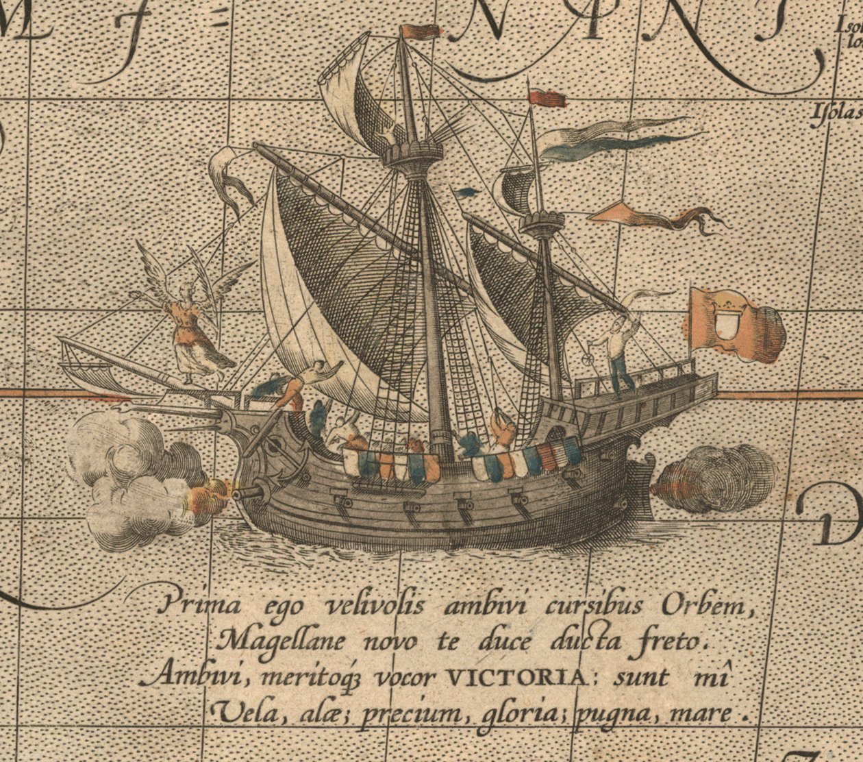 Victoria, hiszpański carrack, statek Ferdynanda Magellana Armada de Molucca. Aus Maris Pacyfik autorstwa Abraham Ortelius