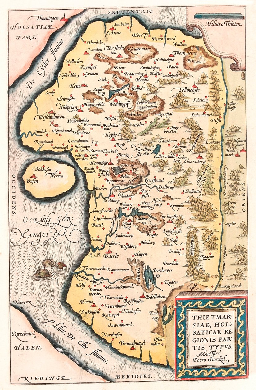 Thietmarsiae, Holsaticae partie regionalne typus Mapa geograficzna północnych Niemiec z miastem Kuden zaczerpnięta z "Theatrum Orbis Terrarum" Abrahama Orteliusa (Oertel, Ortell lub Ortel). autorstwa Abraham Ortelius