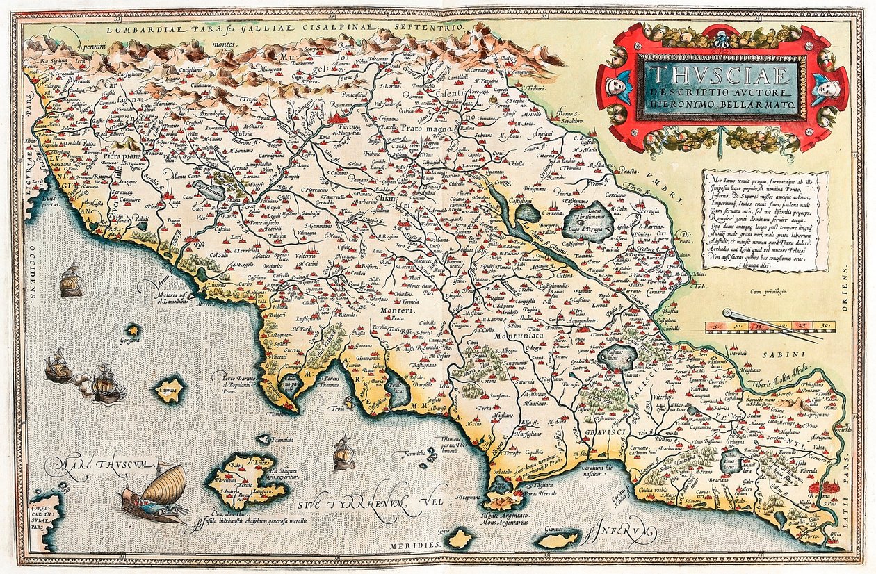 Sociae Opis autora Hieronymo Bellamarto Mapa geograficzna terytorium Toskanii we Włoszech z „Theatrum Orbis Terrarum” autorstwa Abrahama Orteliusa (Oertel, Ortell lub Ortel autorstwa Abraham Ortelius