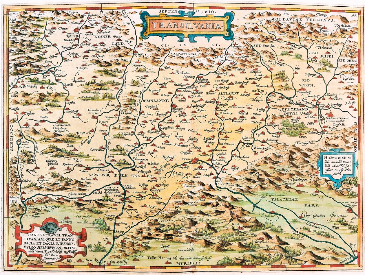 Transylwania Mapa geograficzna terytorium Transylwanii (Transylwania) z „Theatrum Orbis Terrarum” autorstwa Abrahama Orteliusa (Oertel, Ortell lub Ortel autorstwa Abraham Ortelius