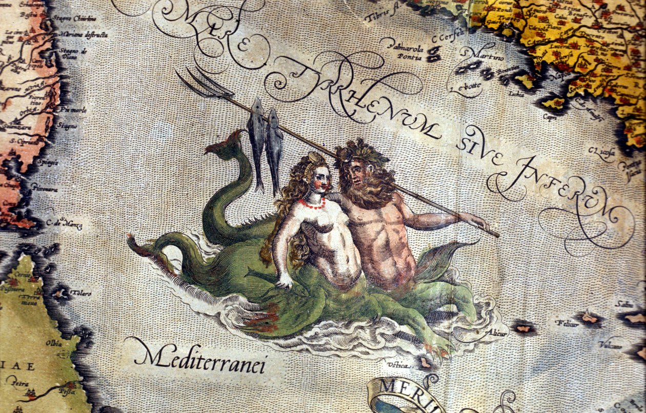 Tryton i Syrena na Morzu Śródziemnym. „Theatrum Orbis Terrarum” Abrahama Orteliusa, Antwerpia 1584 autorstwa Abraham Ortelius