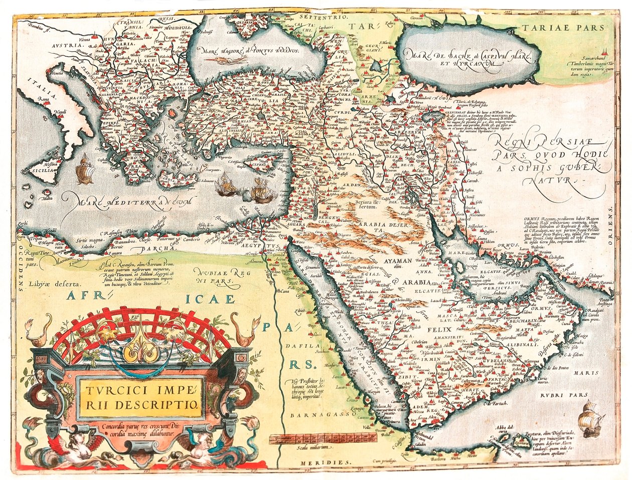 Opis Imperium Tureckiego Mapa geograficzna terytorium Imperium Osmańskiego zaczerpnięta z „Theatrum of the World” autorstwa Abrahama Orteliusa (Oertel, Ortell lub Ortel autorstwa Abraham Ortelius