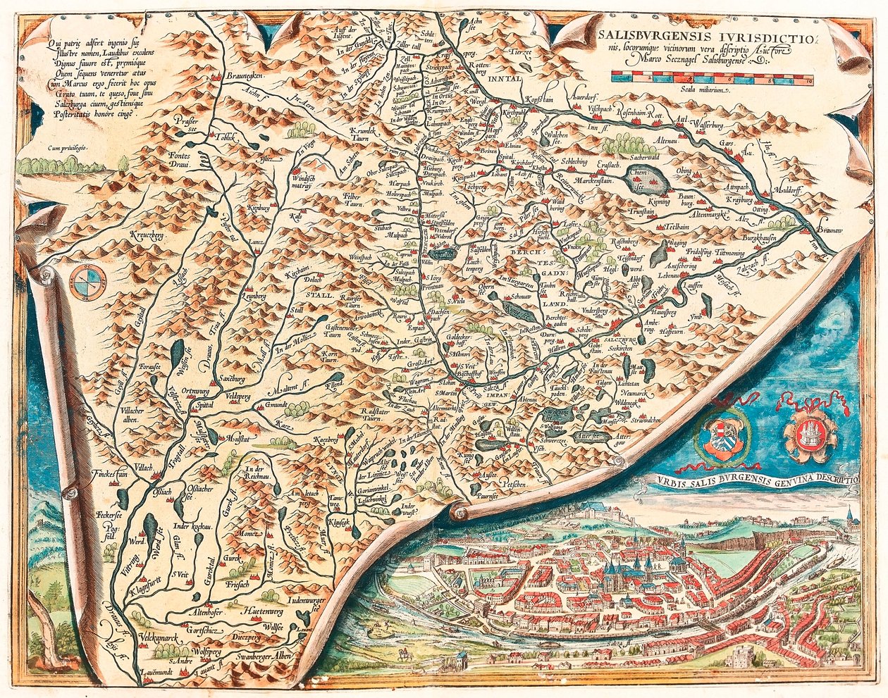 Autentyczny opis miasta Salzburg Mapa geograficzna terytorium Salsburga w Austrii z „Theatrum Orbis Terrarum” autorstwa Abrahama Orteliusa (Oertel, Ortell lub Ortel autorstwa Abraham Ortelius