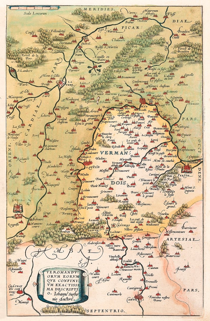Opis Mapa geograficzna terytorium Vermandois i Pikardii w Galii (Francja) z „Theatrum Orbis Terrarum” Abrahama Orteliusa (Oertel, Ortell lub Ortel autorstwa Abraham Ortelius