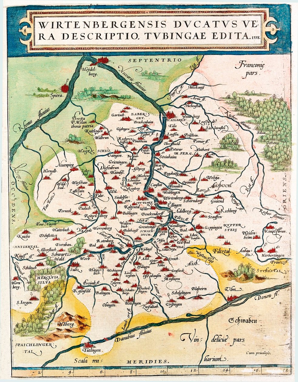 Prawdziwy opis Dukatu Wirtenberg, Tubingae, opublikowany w 1558 r. Mapa geograficzna Badenii-Wirtembergii (Badenia Wirtembergia) w Niemczech zaczerpnięta z „Theatrum Orbis Terrarum” przez Abrahama Orteliusa (Oertel, Ortell lub Ortel autorstwa Abraham Ortelius