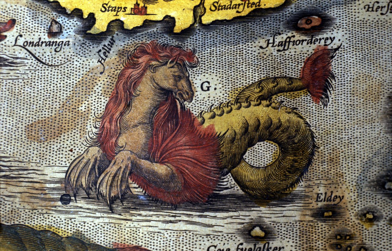 przedstawienie morskiego potwora mój koń mój wąż morski. Płyta z edycji „Theatrum Orbis Terrarum” kartografa Abrahama Orteliusa (1527-1598) autorstwa Abraham Ortelius
