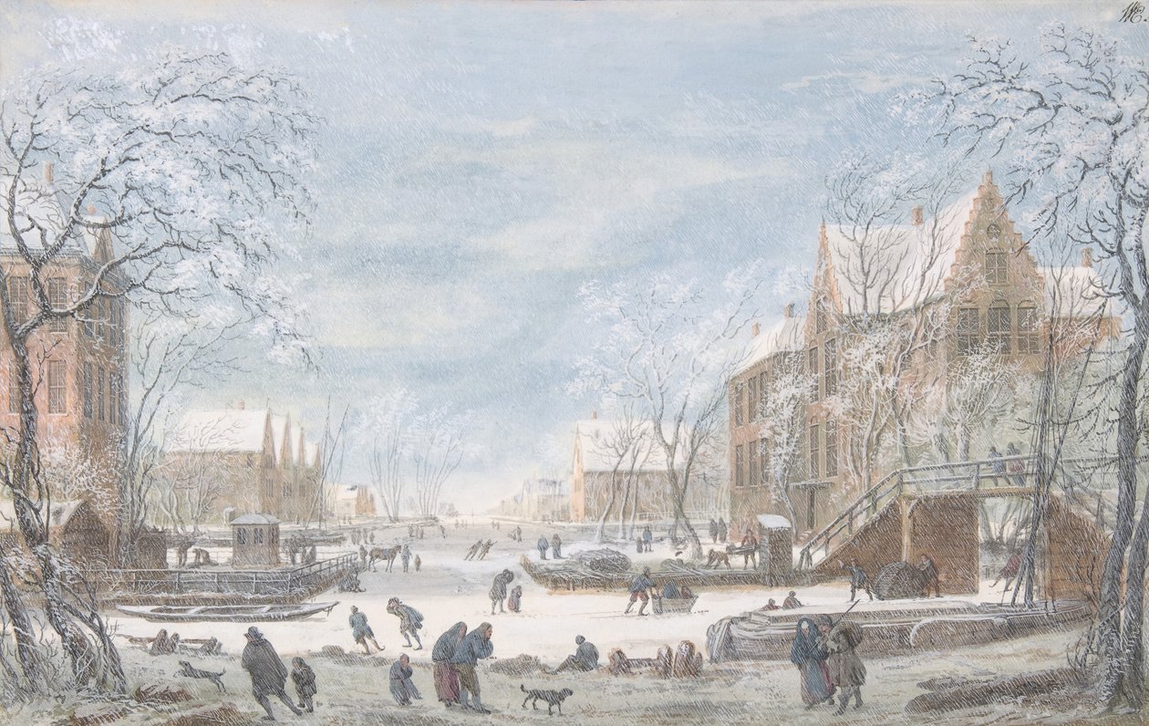 Śnieg pada na holenderskie miasto, b.d.... autorstwa Abraham Rademaker