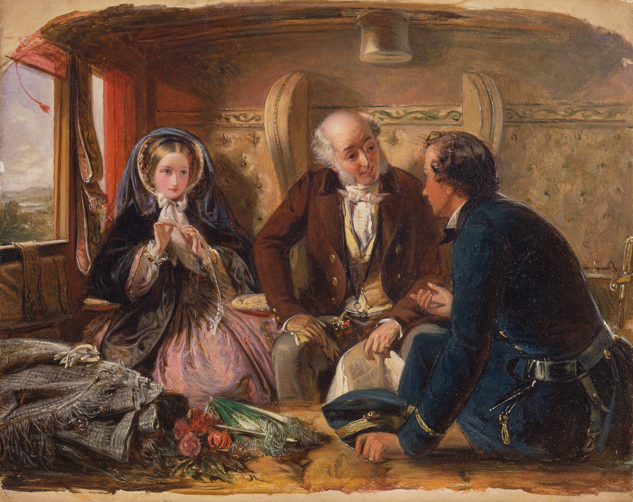 Pierwsza klasa — spotkanie. „I na pierwszym spotkaniu kochany”. [1854, Royal Academy of Arts, Londyn, katalog wystawy] autorstwa Abraham Solomon