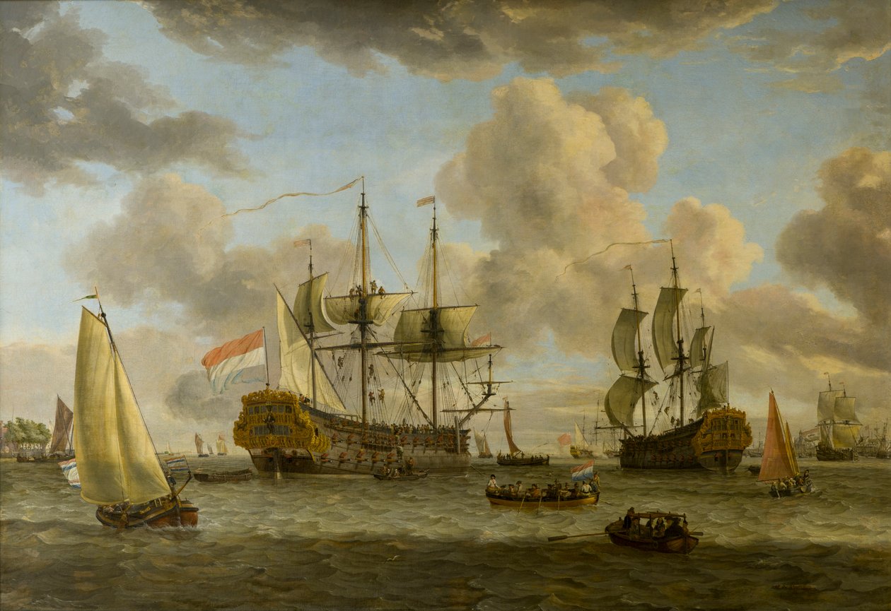 Holenderska scena żeglugi z naczyniami w ujściu rzeki In, ok. 1664-1708 (olej na płótnie) autorstwa Abraham Storck