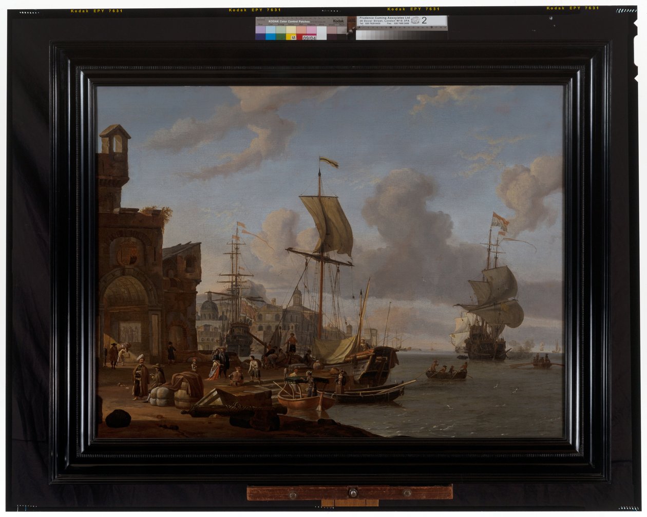 Capriccio Śródziemnomorska scena portowa z kupcami i innymi postaciami po stronie nabrzeża autorstwa Abraham Storck