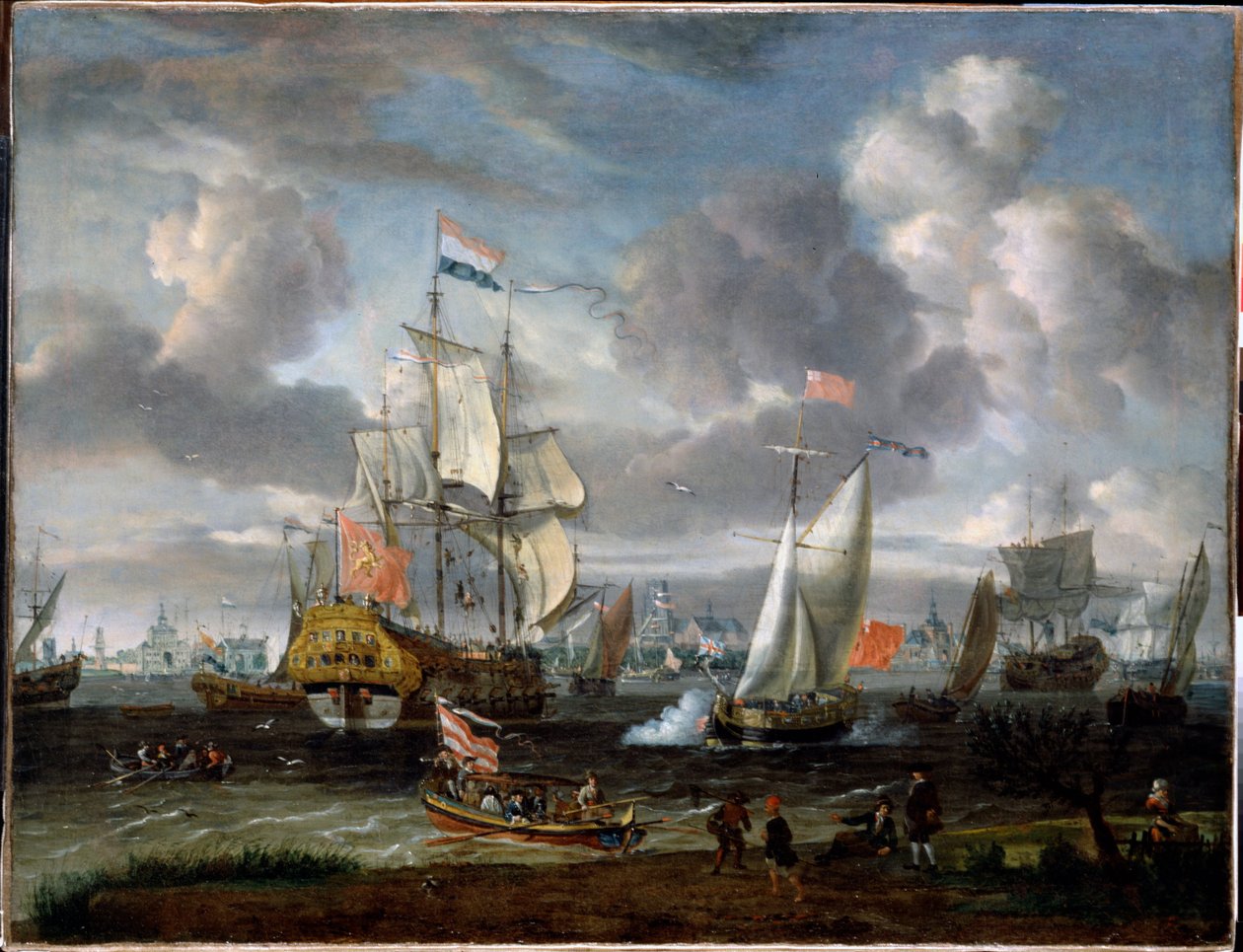 Angielski jacht salutujący holenderskiemu okrętowi wojennemu w porcie w Rotterdamie  autorstwa Abraham Storck