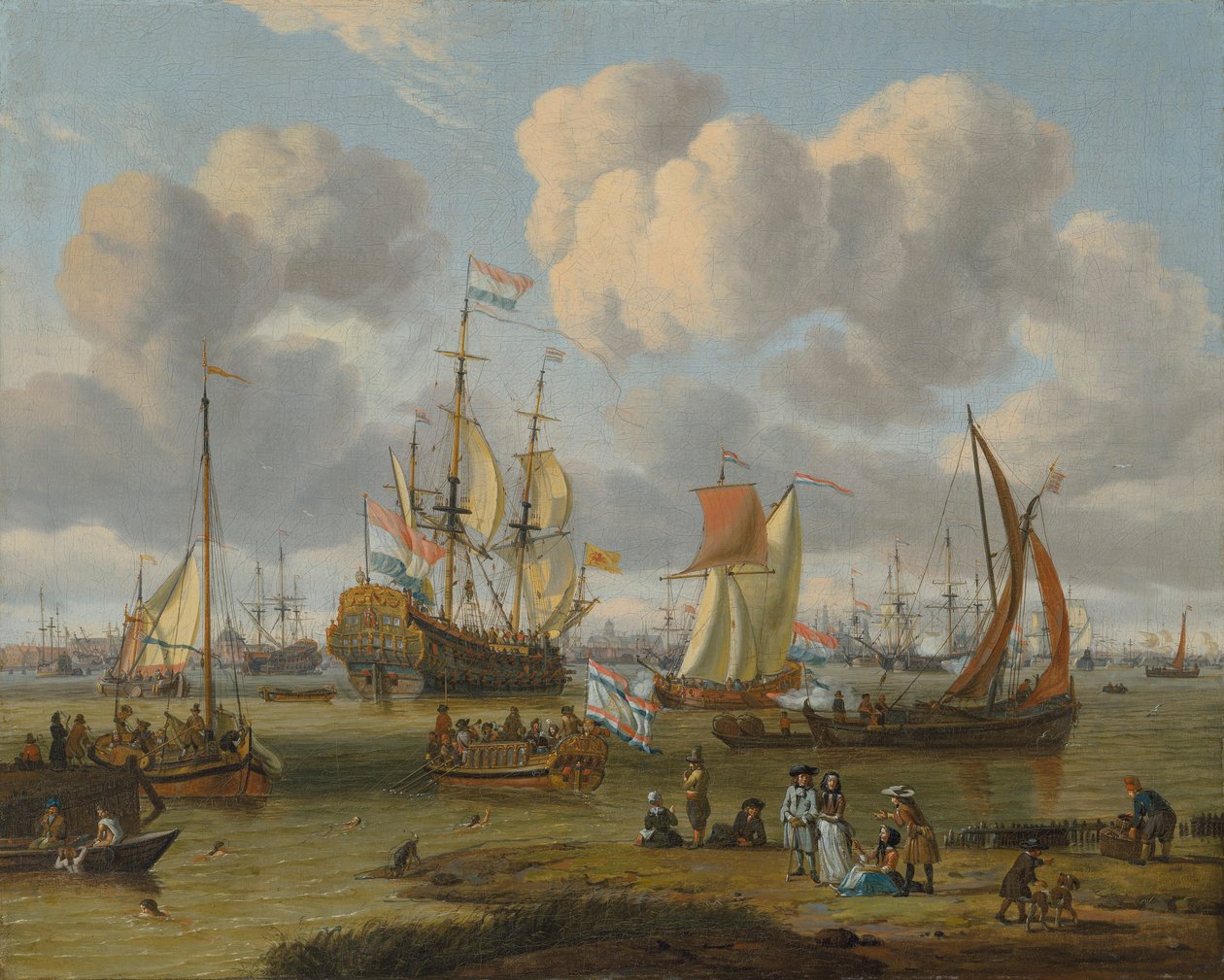 niderlandzki: Schepen op het IJ voor Amsterdam Żegluga u wybrzeży Amsterdamu z postaciami na nabrzeżu autorstwa Abraham Storck