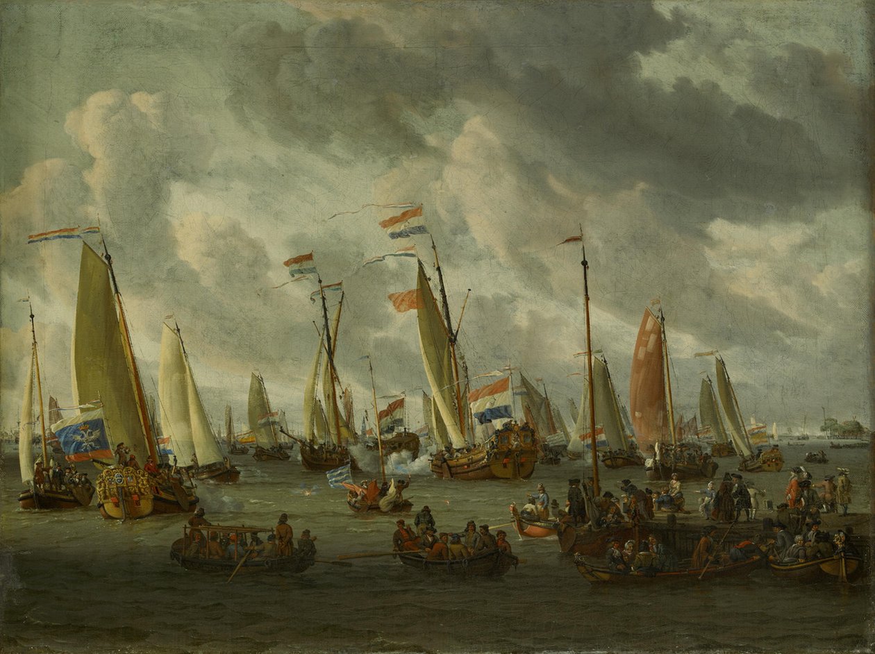 Pozorowana bitwa morska na IJ ku czci poselstwa moskiewskiego (1 września 1697) autorstwa Abraham Storck