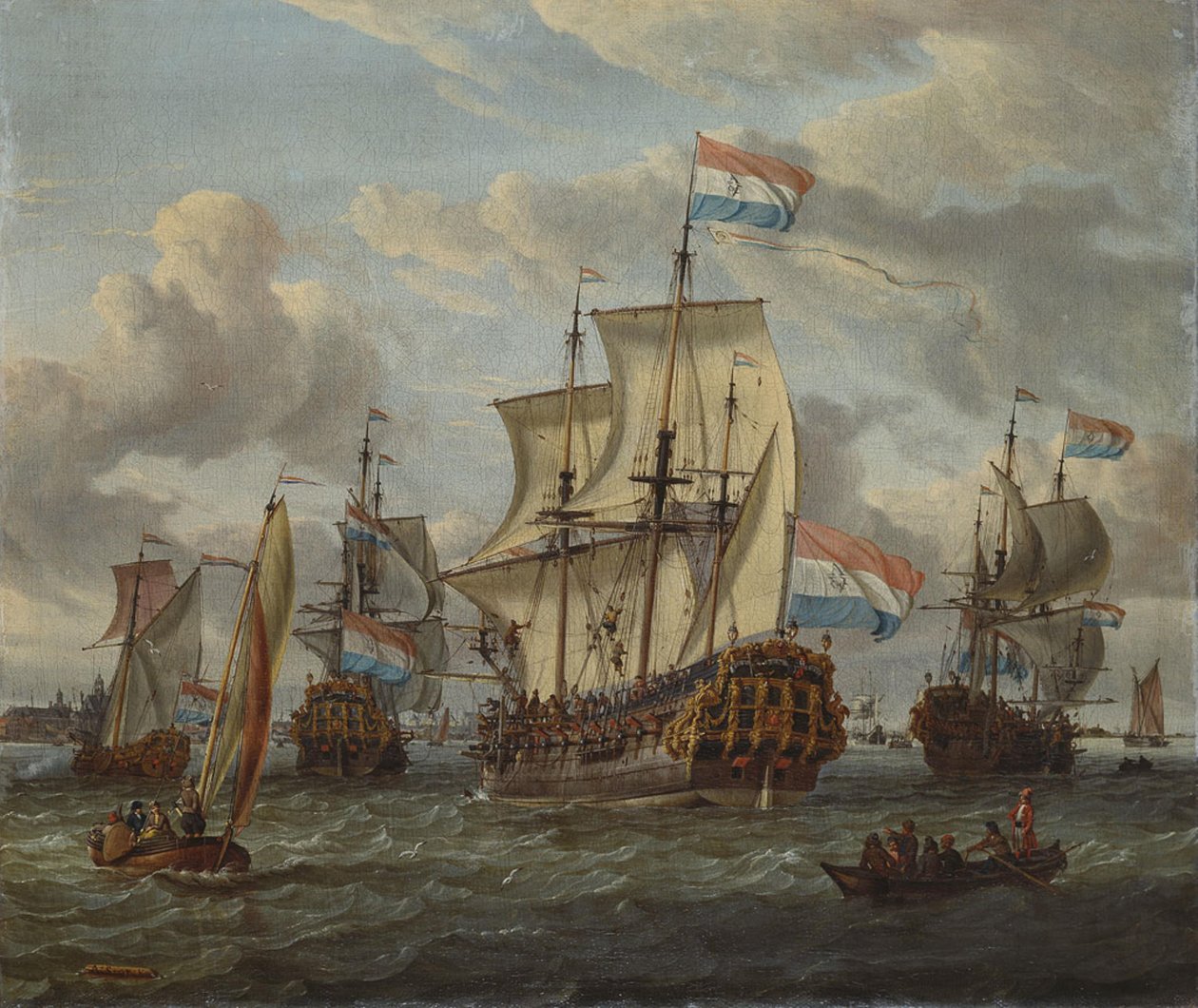 Fregata Pieter en Paul na rzece IJ autorstwa Abraham Storck
