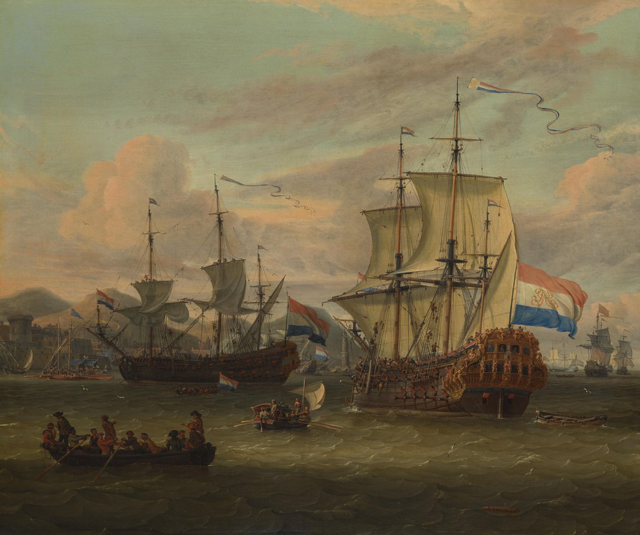 Holenderskie statki przybrzeżne w porcie nad Morzem Śródziemnym autorstwa Abraham Storck