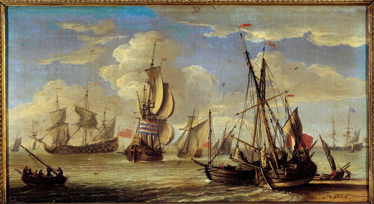 Statki i łodzie na morzu Paintrue autorstwa Abrahama Storcka (1635-1710) (ec.hol.) XVII w. Ndz. 0,22x0,41m. . autorstwa Abraham Storck