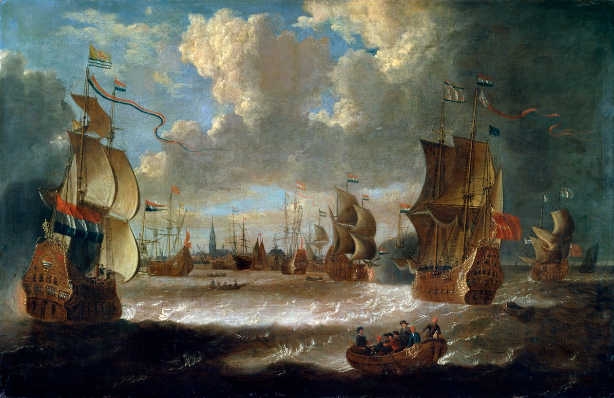 Statki w lagunie, XVII lub początek XVIII wieku autorstwa Abraham Storck