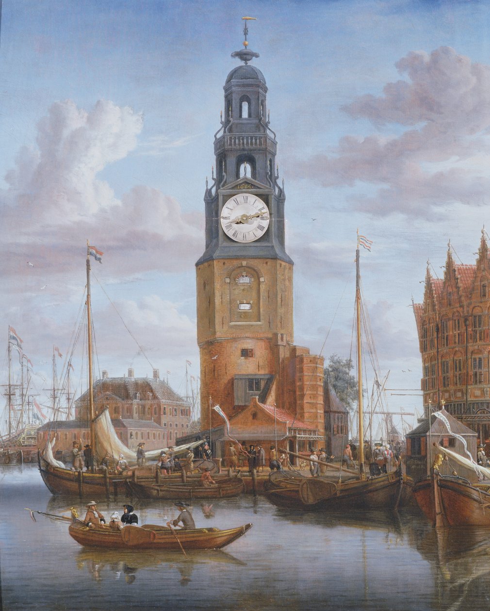 Widok na wieżę Haringspacker w Amsterdamie, z działającą tarczą zegarową wmontowaną w obraz, 1684 (panel) autorstwa Abraham Storck