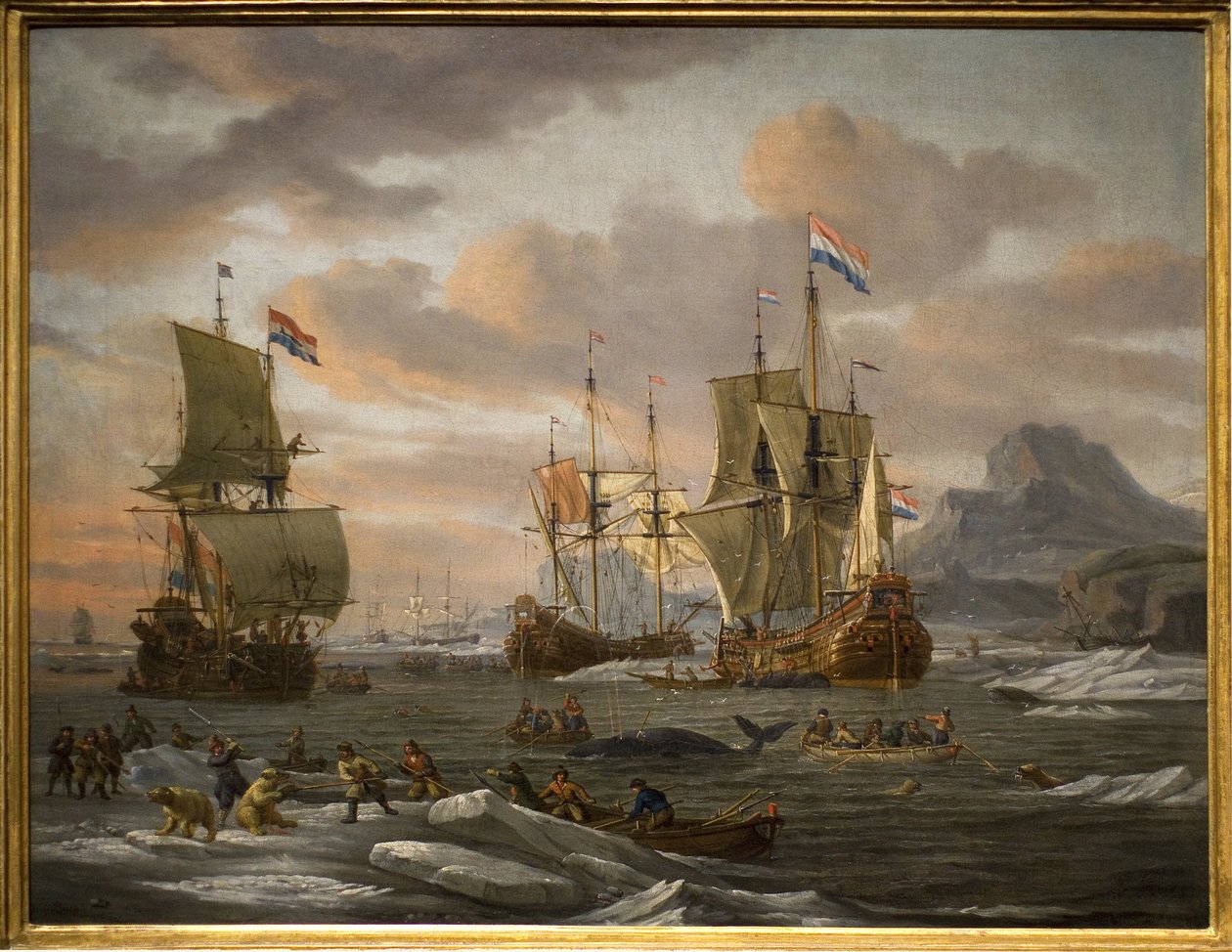 Połowy wielorybów i niedźwiedzi polarnych na wyspie Spitzberg (Ocean Arktyczny) przez statki floty holenderskiej. Obraz Abrahama Storcka (lub Sturckenbuch autorstwa Abraham Storck