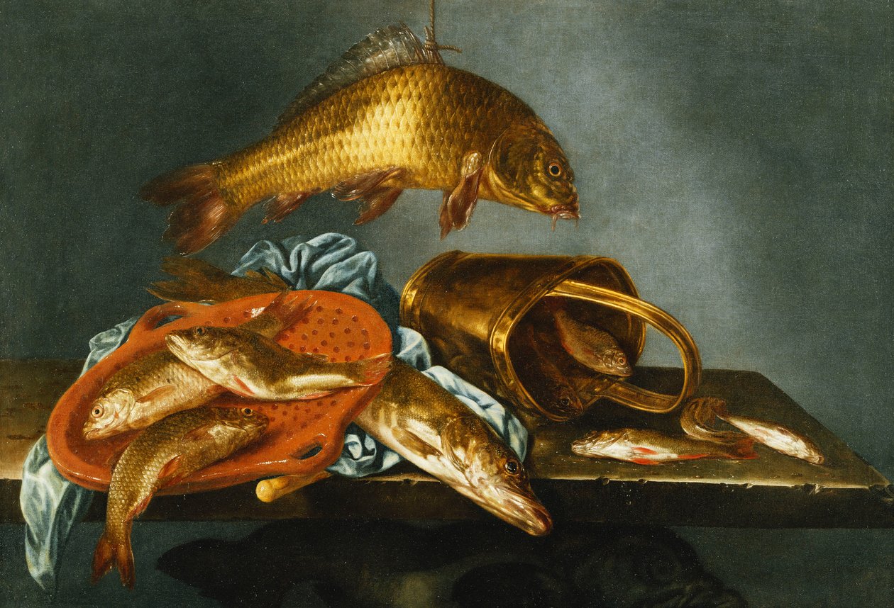 Szczupak, Karp, Lin i Płoć z sitem i mosiężnym wiaderkiem na półce, 1661 autorstwa Abraham Susenier