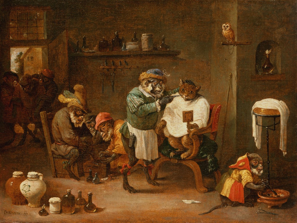 Kot w salonie fryzjerskim prowadzonym przez małpy (olej na płótnie) autorstwa Abraham Teniers