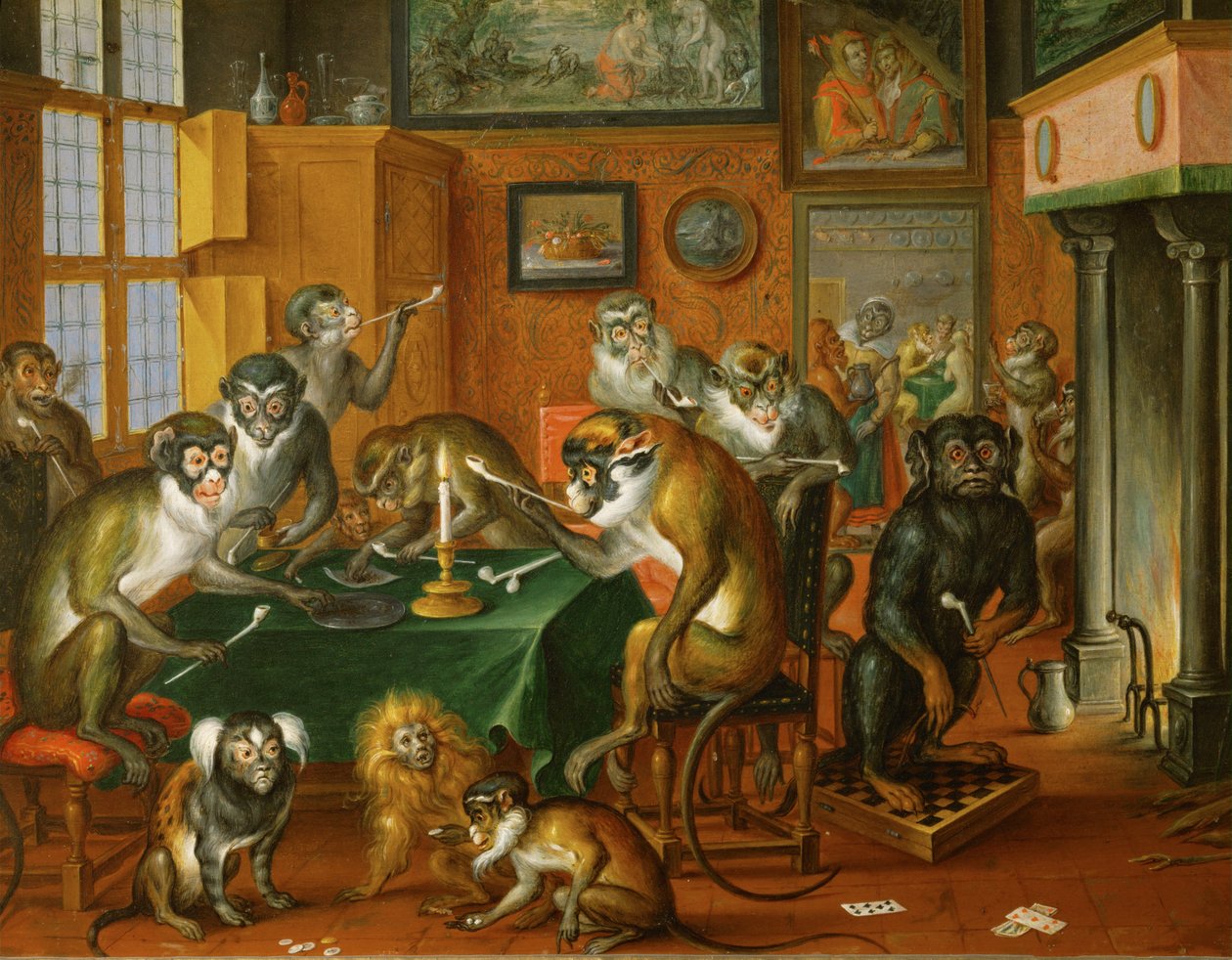 Tabakskollegium von Affen - Paląca partia małp ... (olej na miedzi) autorstwa Abraham Teniers