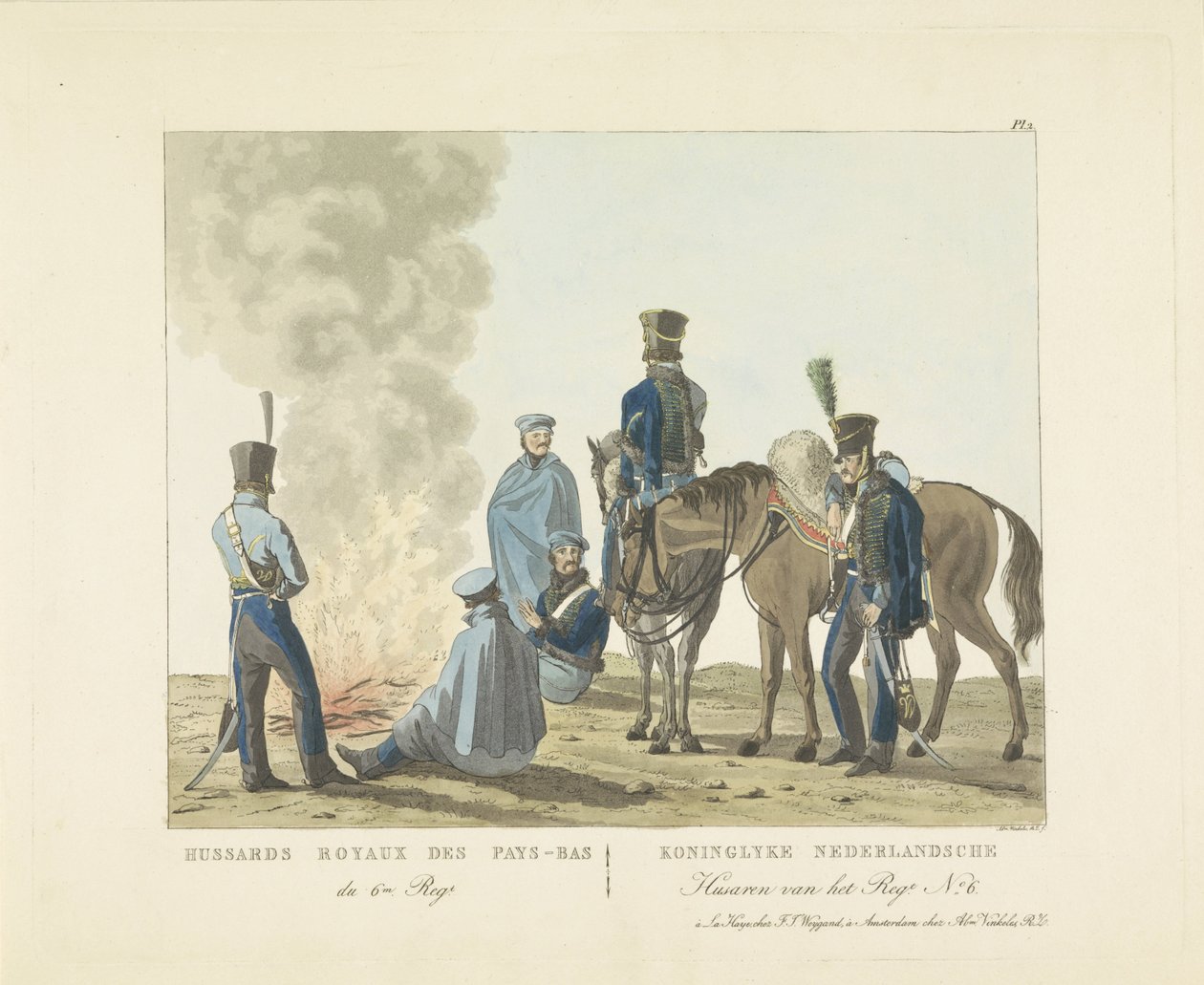 Huzarzy 6. Pułku, 1820-1825 Hussards Royaux des Pays-Bas du 6m. prawo. / Koninglyke Nederlandsche Husaren z Regt. nie. 6 (tytuł na obiekcie) autorstwa Abraham Vinkeles