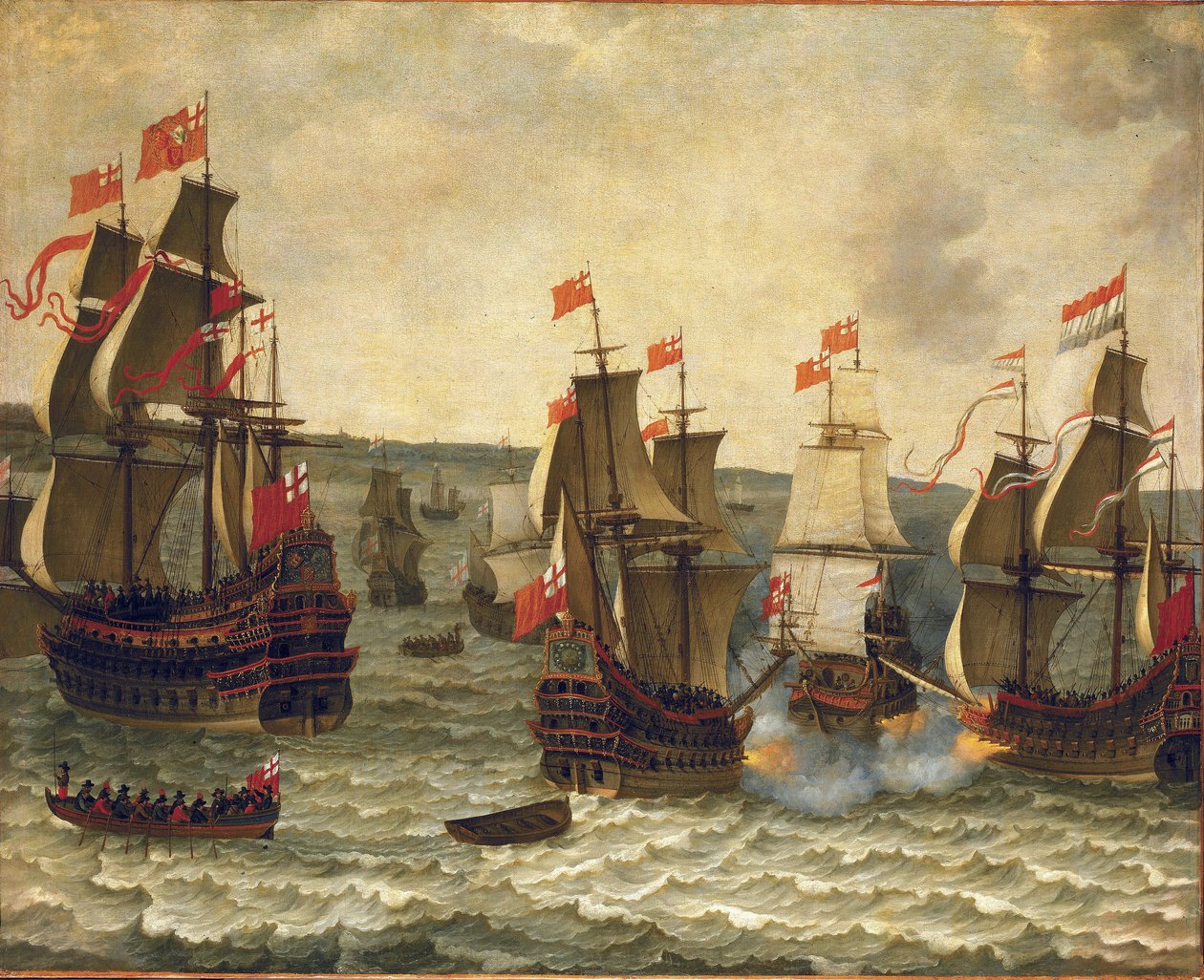 Bitwa morska między holenderskimi i brytyjskimi statkami, epizod pierwszej wojny angielsko-holenderskiej (angielsko-holenderskiej) 1652-1654. Olej na drewnie autorstwa Abrahama Willaertsa (1603-1669). autorstwa Abraham Willaerts