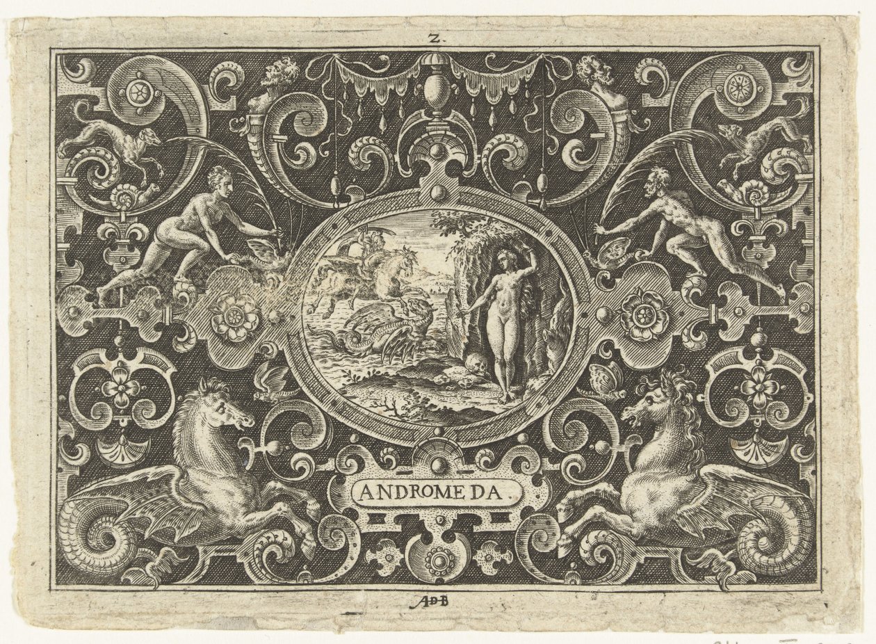 Kartusz: Perseusz uwalnia Andromedę Owalne kartusze ze scenami z życia Perseusza w oprawie groteski (tytuł serii) Andromeda (tytuł na obiekcie) autorstwa Abraham de Bruyn