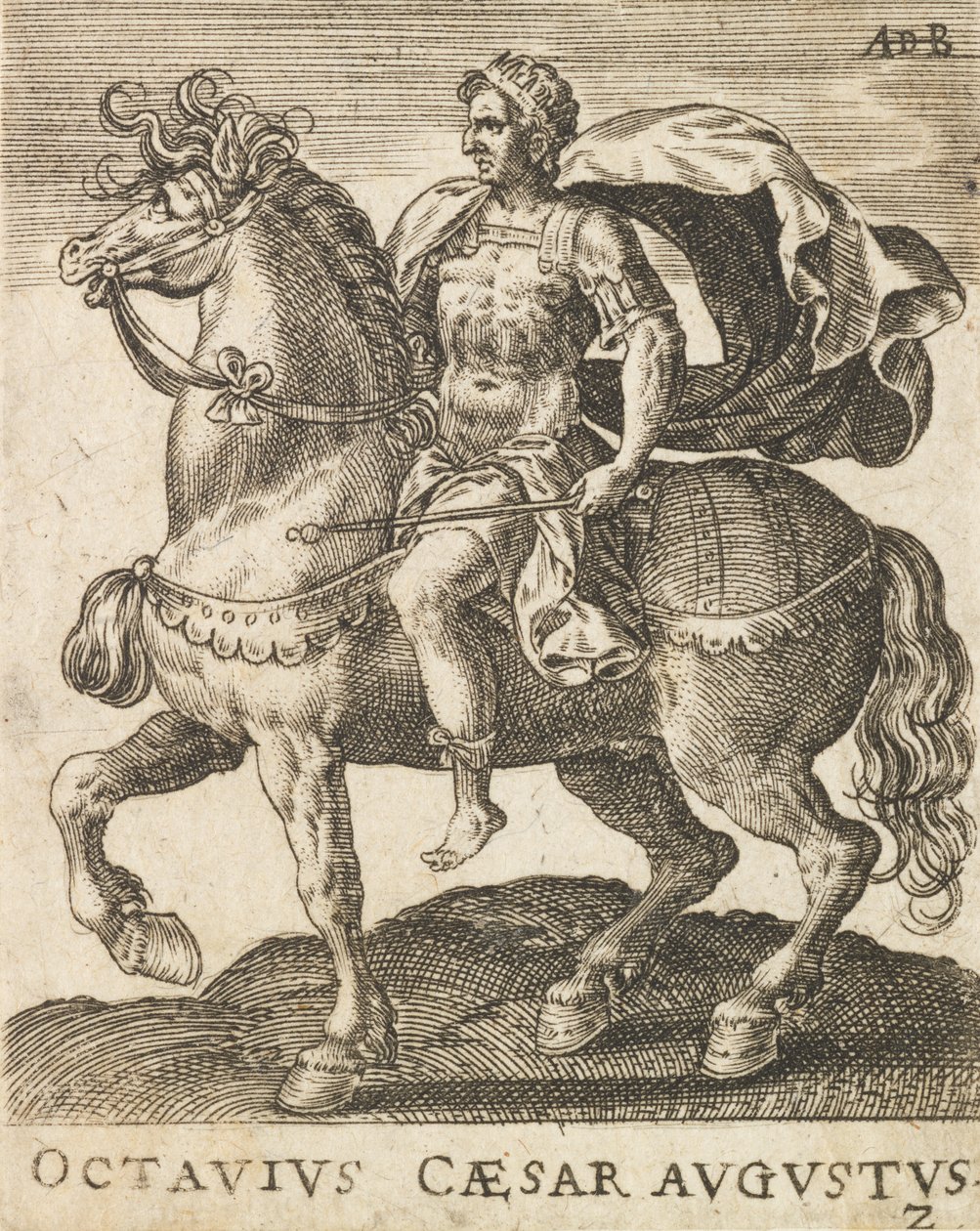 Oktawiusz Cezar August z Dwunastu Cezarów na koniu, ca. 1565-1587, ca. 1565-1587. autorstwa Abraham de Bruyn