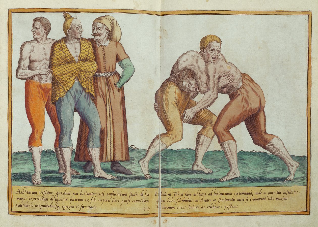 Zapasy tureckie, stroje z XVI wieku z Omnium Poene Gentium Imagines, wydane w Kolonii, 1577 (rycina ręcznie kolorowana) autorstwa Abraham de Bruyn