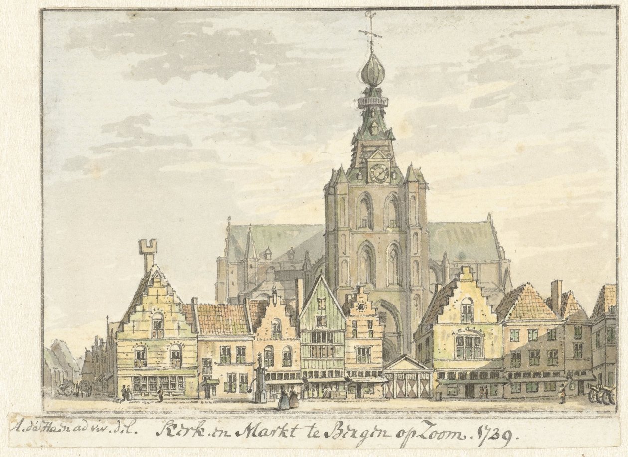 Kościół i Rynek w Bergen op Zoom autorstwa Abraham de Haen (II)