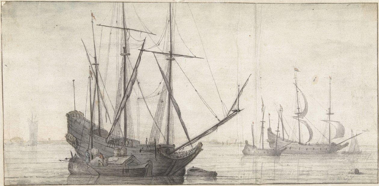 Żaglowce na wodzie stojącej w pobliżu wybrzeża autorstwa Abraham de Verwer (possibly)