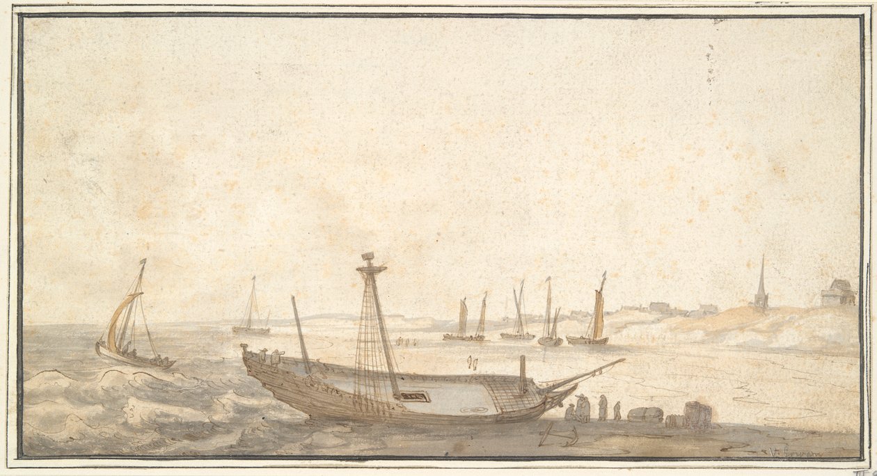 Plaża ze statkami w pobliżu Scheveningen autorstwa Abraham de Verwer