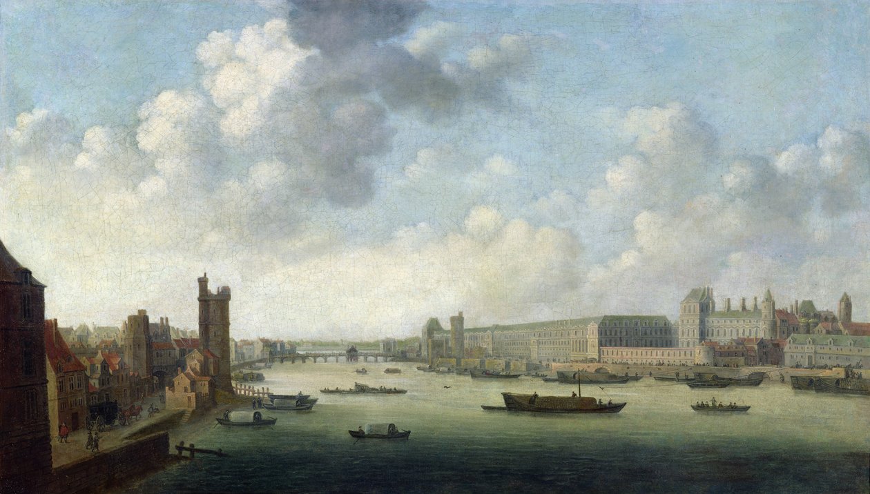 Perspektywa Widok Paryża Widok perspektywiczny Paryża z Barber Bridge w dół rzeki, przedstawiający Hôtel Bourbon, The Grande Galerie of the Louvre, c.1640 autorstwa Abraham de Verwer