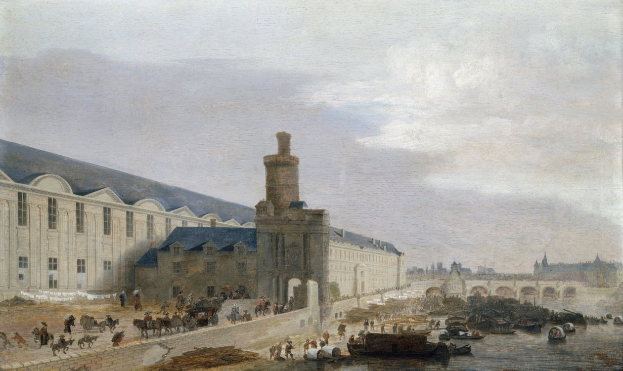 Grande Galerie w Luwrze z Porte Neuve i Tour de Bois, ok. 1640 (olej na drewnie) autorstwa Abraham de Verwer