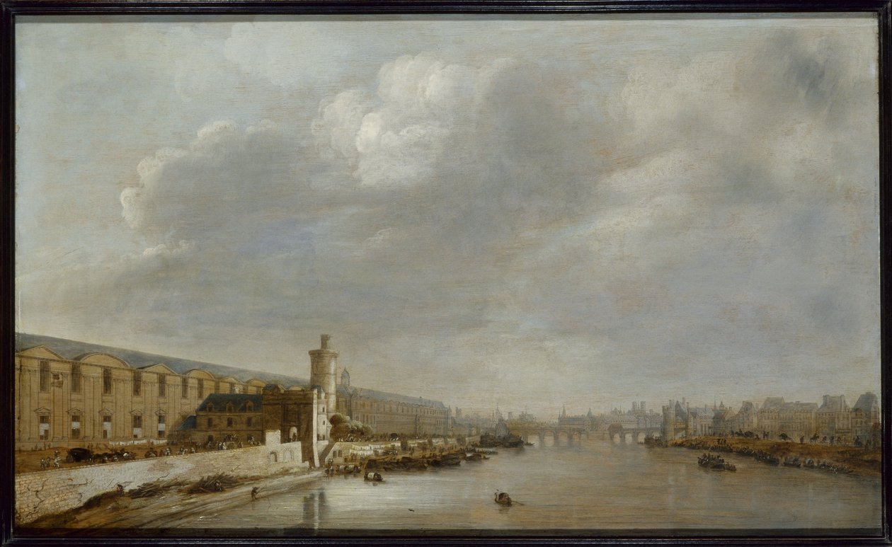 Grande Galerie w Luwrze z Porte Neuve i Tour du Bois, około 1640 (olej na drewnie) autorstwa Abraham de Verwer