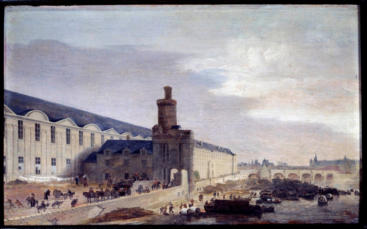 Widok na Porte Neuve i Galerie du Louvre około 1640 Entrée du Louvre nad brzegiem Sekwany. Obraz Abrahama de Verwera (1600-1650) 1640 wym. 0,37 x 0,59 m Paryż, Muzeum Carnavalet autorstwa Abraham de Verwer