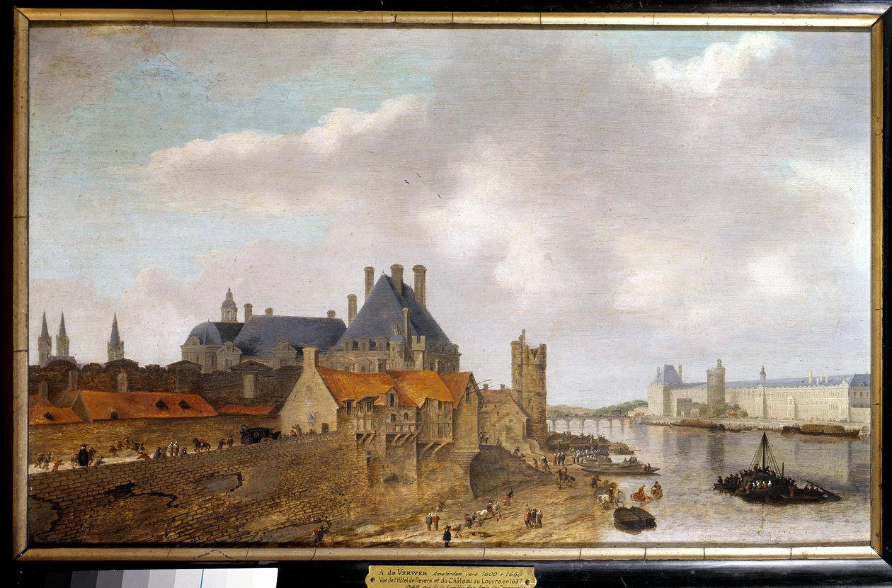 Widok na hotel de Nevers, wieżę Nesles i Grande Galerie du Chateau du Louvre widziane z Pont Neuf Obraz Abrahama de Verwera (1600-1650) 1637 nd. 0,37 x 0,59 m Paryż, Musee Carnavalet autorstwa Abraham de Verwer