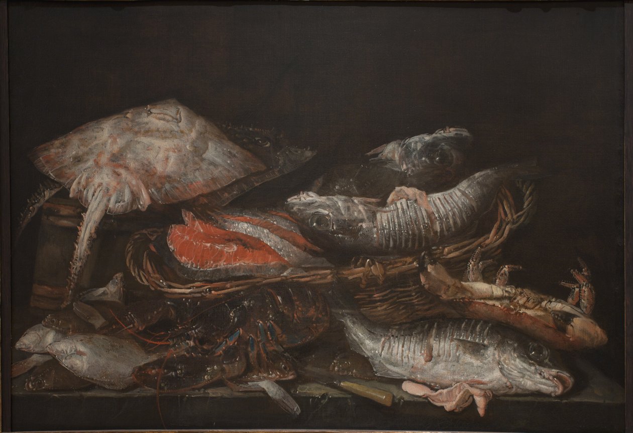 Martwa natura z rybą na kamiennym stole autorstwa Abraham van Beijeren