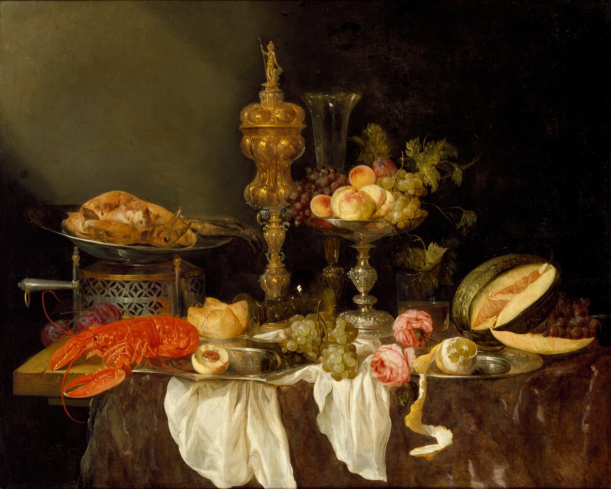 Martwa natura z homarem i indykiem, c1653 autorstwa Abraham van Beyeren